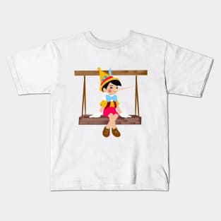 Pinocchio sitting on a swing bench. Kids T-Shirt